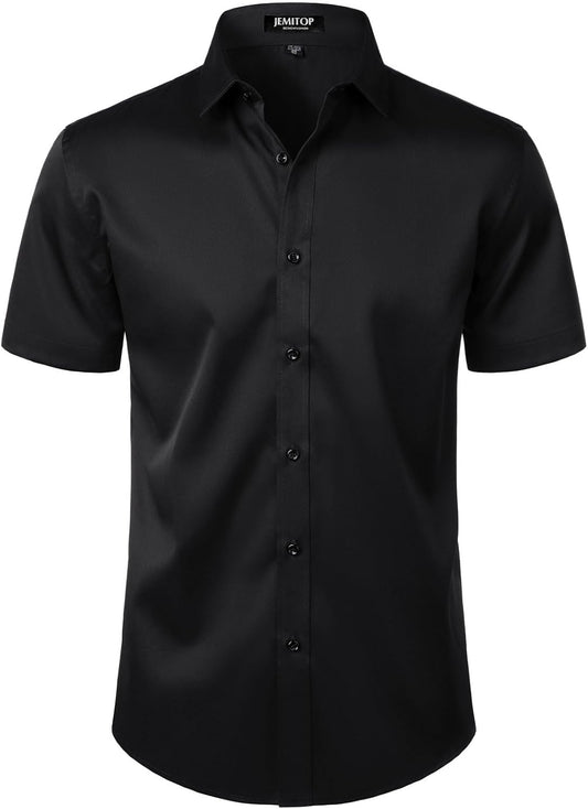 Men's Stretch Wrinkle Free Dress Shirts Formal Wedding Prom Short Sleeve Slim Fit Button Down Shirt