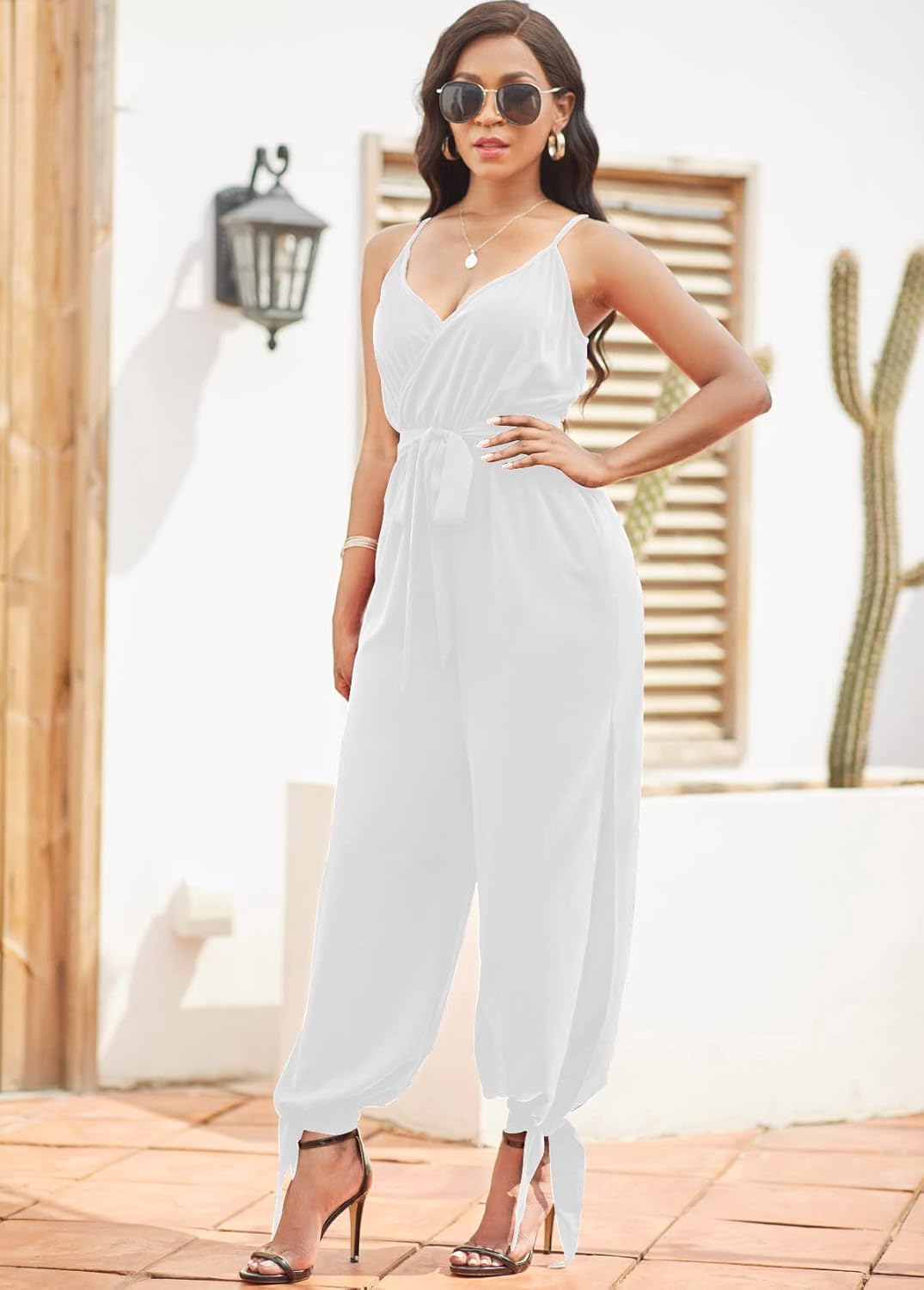 LightlyKiss Casual Summer Dressy Jumpsuits for Women Spaghetti Strap Wide Leg Split Long Pants Loose Fit Rompers
