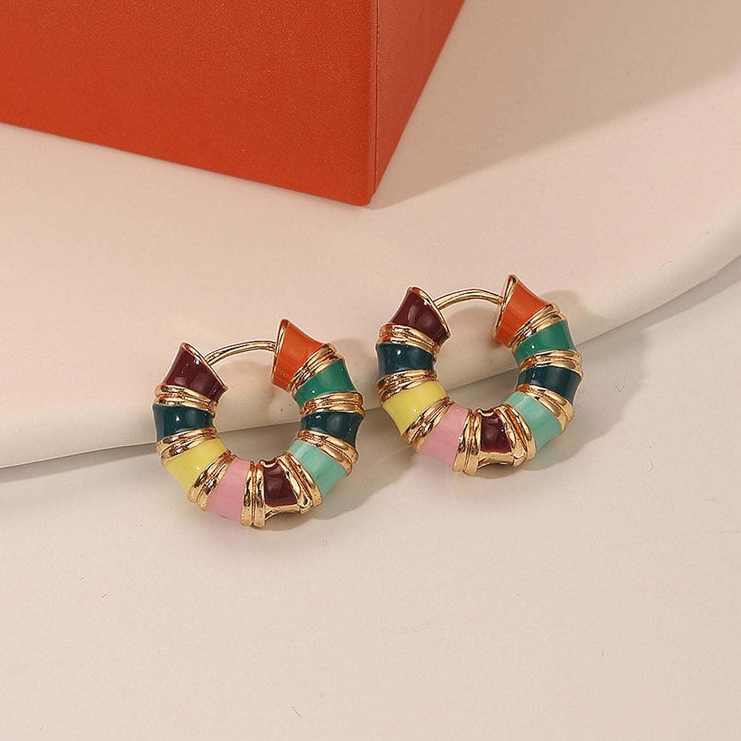 Gold Bamboo Hoop Earrings for Women 90s Boho Colorful Enamel Huggie Hoop Earrings Hypoallergenic Small Bamboo Hoops Jewelry Gifts Trendy Stuff