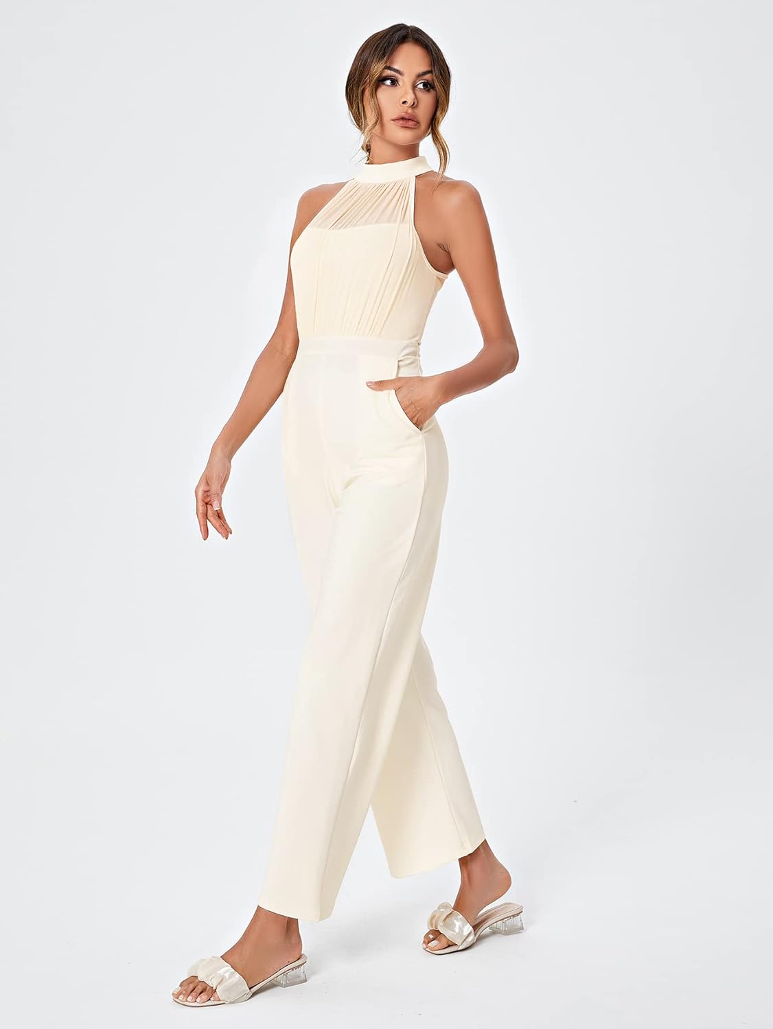 SweatyRocks Women's Elegant Sleeveless Halter High Waist Flare Leg Pants Romper Jumpsuit