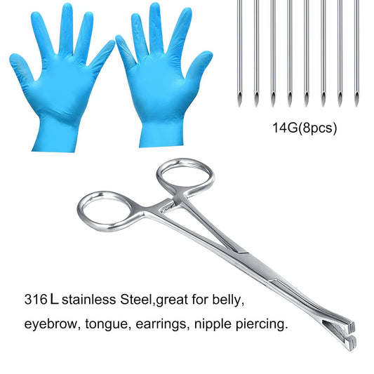 JIESIBAO 15PCS Belly Button Piercing Kit, 14G Piercing Needles and Metal Piercing forceps Set Surgical Stainless Steel Pennington Forceps Slotted for Belly Button Ring Navel Piercing