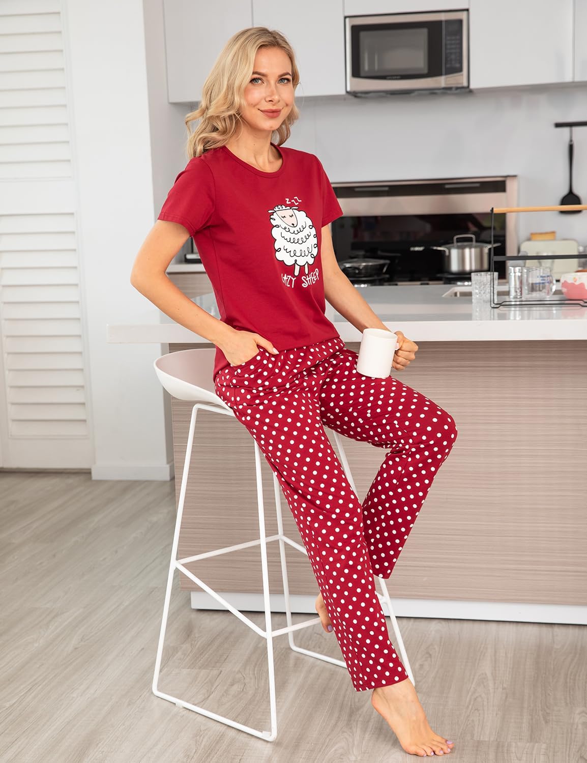 EISHOPEER Women's Pajama Set Printed Short Sleeve Top & Long Pants Sleepwear Pjs Sets