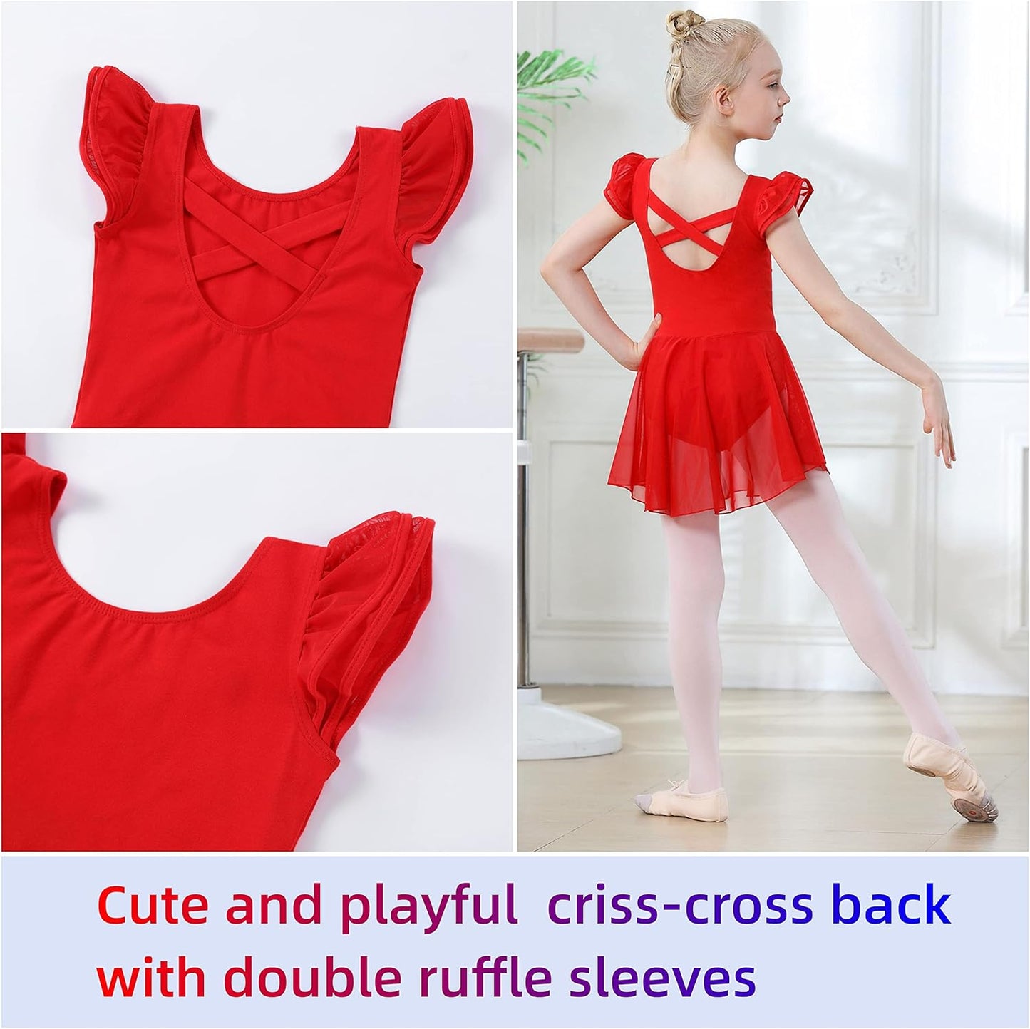 DIPUG Ballet Leotards for Girls Ballet Leotard with Skirt Toddler Dance Leotards Flutter Sleeve and Criss-Cross Back