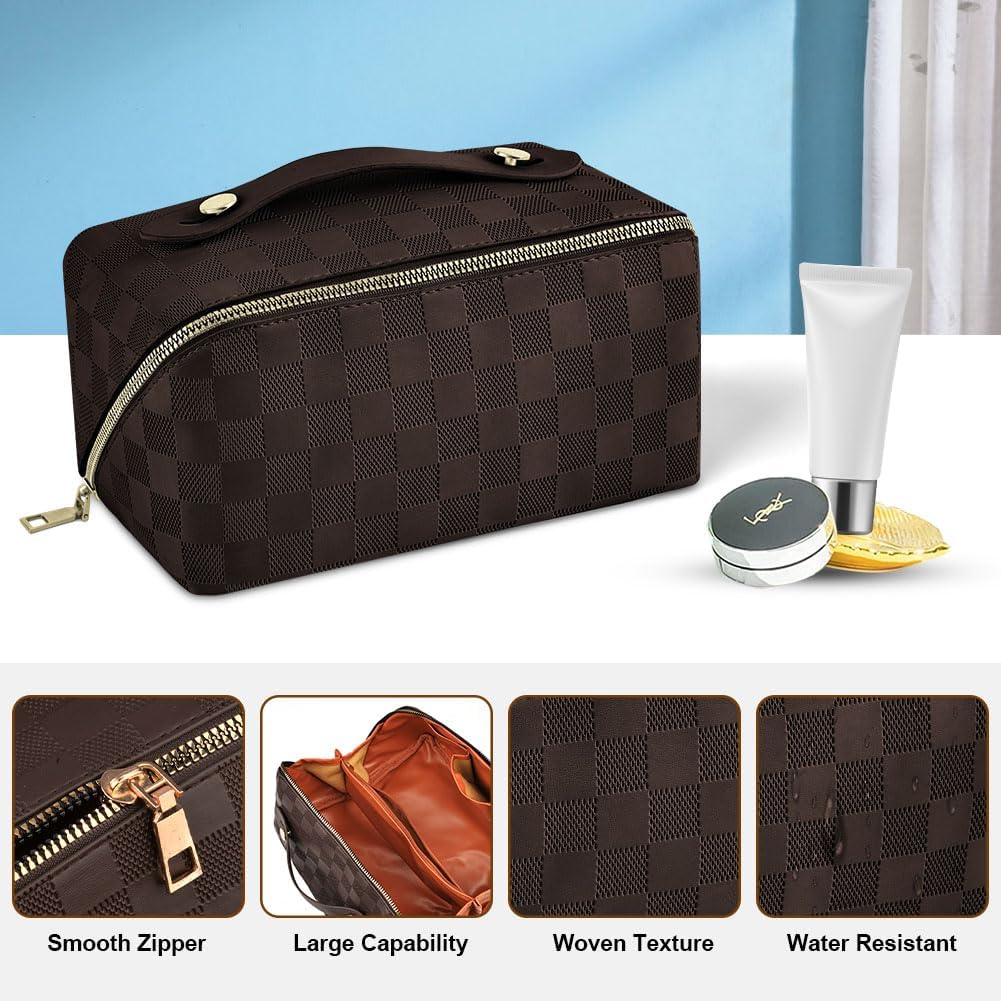 Premium PU Cosmetic Bag Travel Bag, Large Capacity Layered Cosmetic Bag Zipper Bag, Portable Travel Organizer Multifunctional Waterproof Bag, Easy to Carry (Checkerboard - Brown)