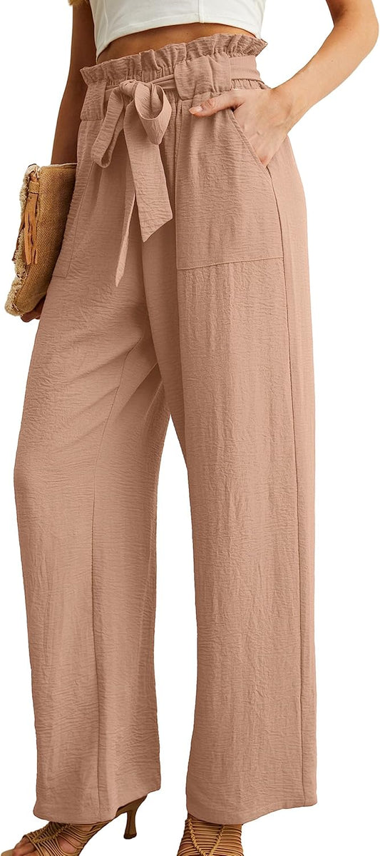 IWOLLENCE Women's Wide Leg Pants with Pockets High Waist Adjustable Knot Loose Casual Trousers Business Work Casual Pants
