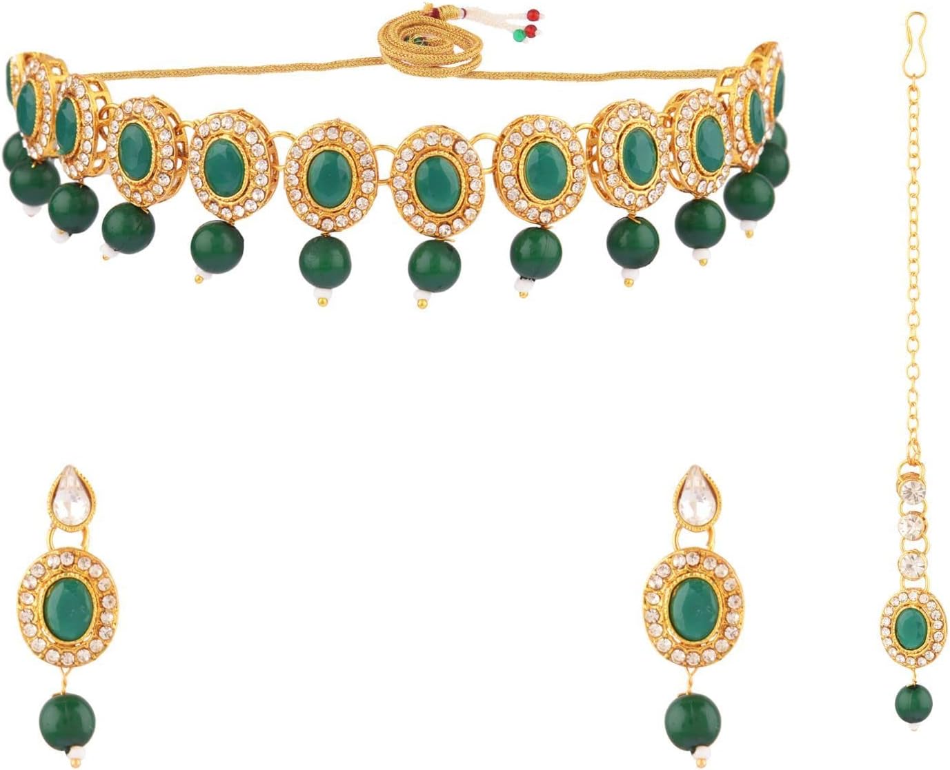 Efulgenz Crystal Indian Jewelry Choker Kundan Crystal Faux Pearl Necklace Earrings Maang Tikka Head Chain Bollywood Wedding Bridal Set for Women