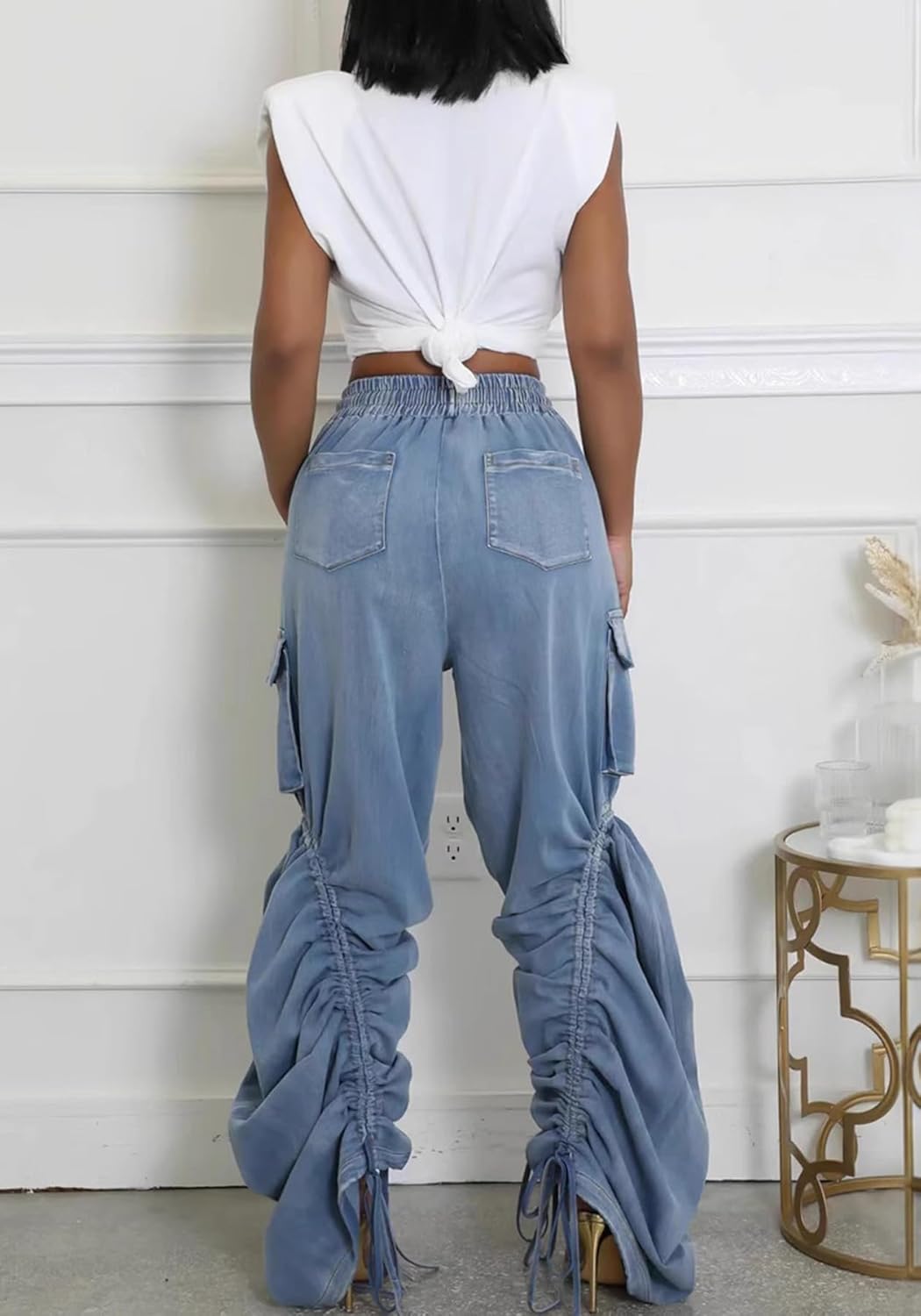 Women's Cargo Jeans High Waisted Straight Leg Baggy Winkled Bow Tie Jeans Wide Leg Denim Pants with Drawstring Blue