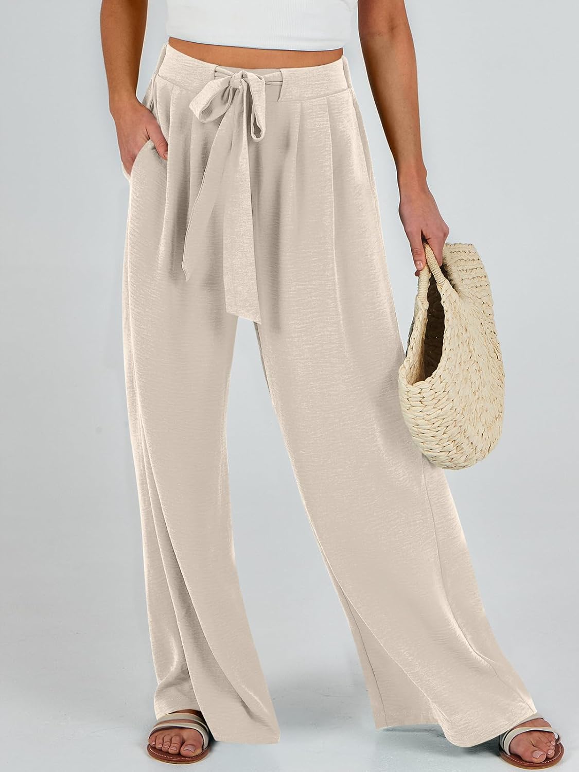 Caracilia Women Wide Leg Palazzo Pants Summer High Waist Flowy Casual Trousers Loose Lounge Beach Travel Vacation Clothes