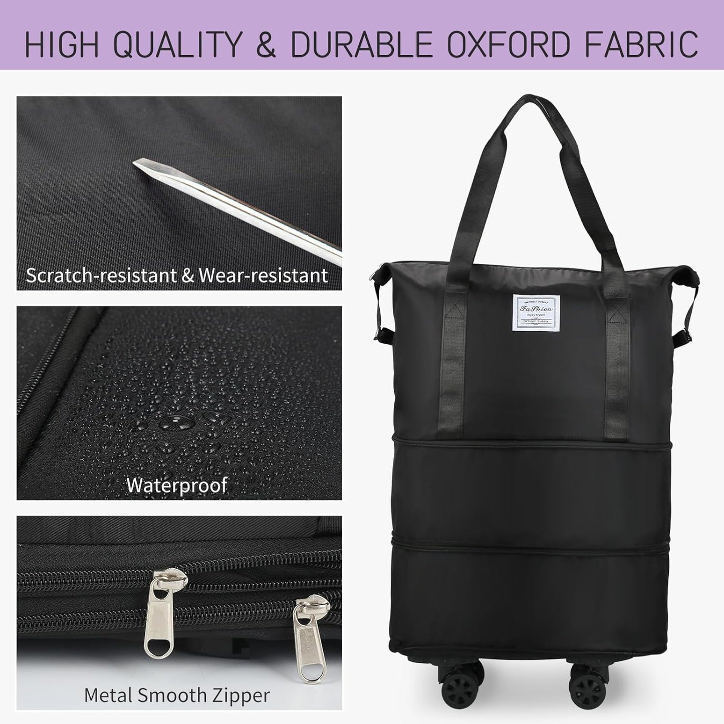 VOOWO Rolling Duffle Bag with Wheels, Expandable Foldable Duffle Bag for Travel, Rolling Under Seat Luggage Carry on Duffel Bags, Wheeled Travel Duffel Weekend Bags, Capacity 18L to 44L (Black)