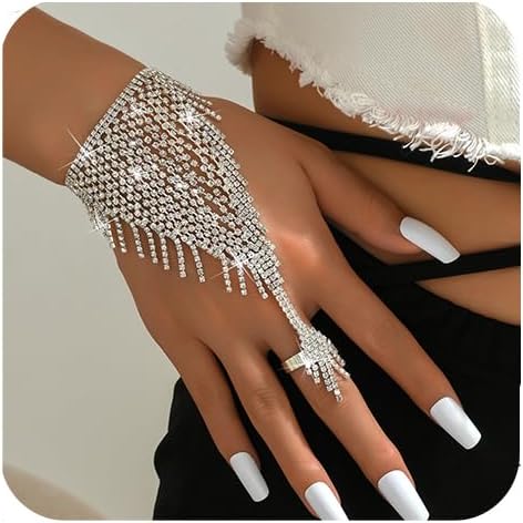 Chargances Tassle Sparkly Crystal Finger Ring Bracelet Silver Tassle Hand Chain Rhinestone Bangle Wedding Hand Harness Hand Accessories for Women (Style 2)