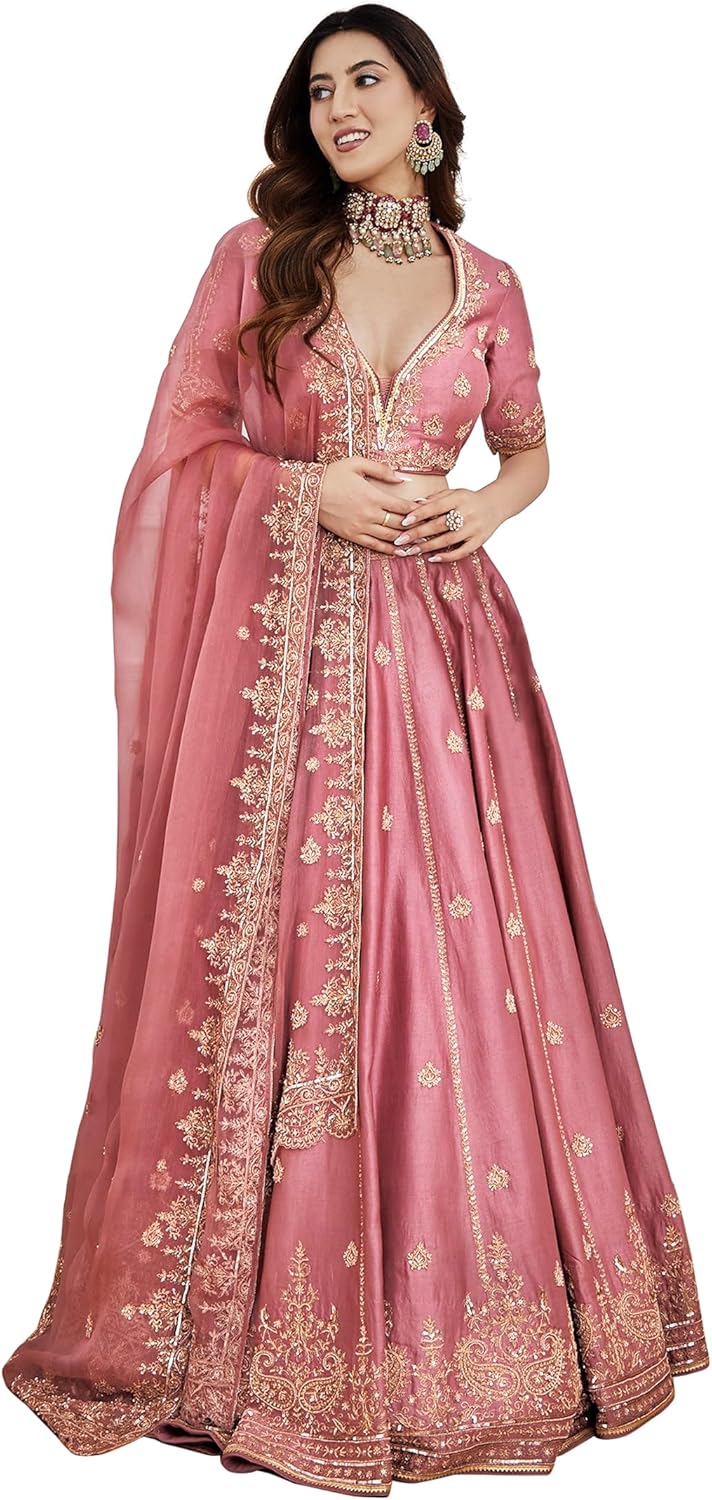 TRENDMALLS Satin Embroidery Sequence Work Lehenga Choli Unstitch Blouse with Dupatta For Women (L257-DarkPeach-FreeSize)