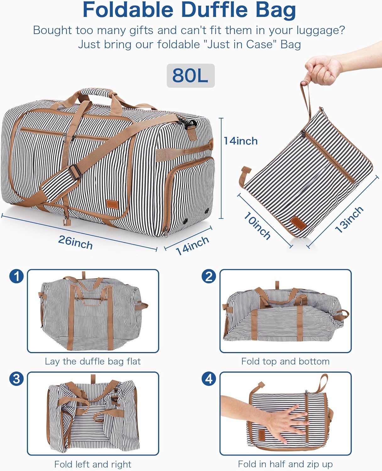 80L Large Duffle Bag for Travel, 26” Travel Duffel Bag with Shoe Compartment, Foldable Collapsible Overnight Bag Gym Bag Weekender Bags for Men Women, Water & Tear Resistant (Stripe, 80L)