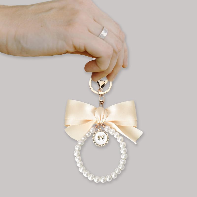 Pearl Bow Keychain Wistlet for Girls Women Bow Pearl Keychains Pink Black Beige