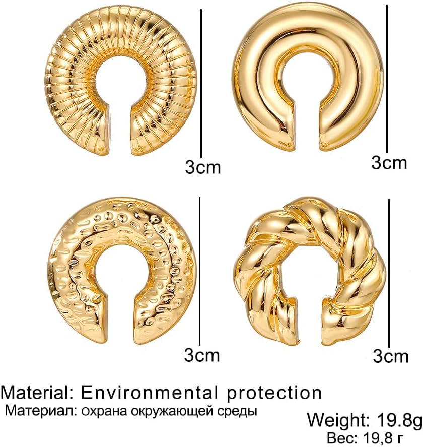 KISS WIFE 4 Pcs Chunky Ear Cuffs Non Piercing for Women, 14K Gold Plated Clip On Cartilage Hoop Earrings Jewelry Gifts