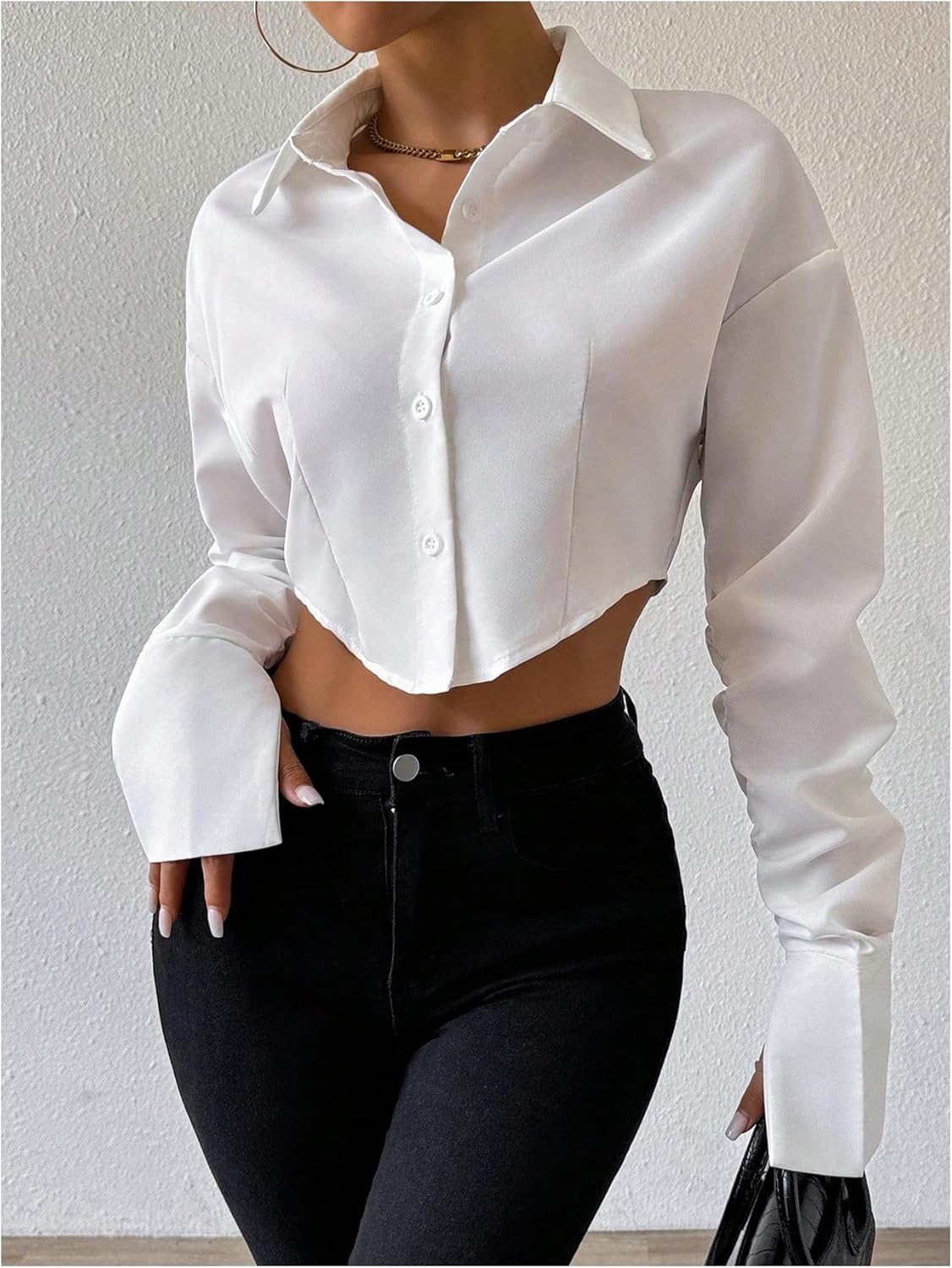 GORGLITTER Women's Long Sleeve Asymmetrical Crop Tops Collared Cropped Button Down Shirt