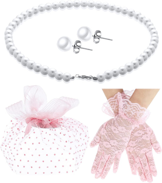 Honoson 4 Pcs Fascinators Hats Set for Women Tea Party Accessory Headpiece Veil Lace Glove Pearl Set, Wedding Halloween Xmas