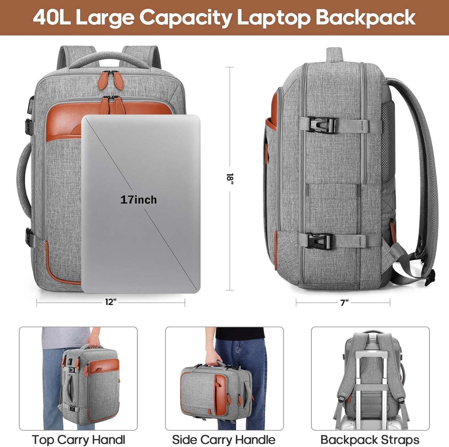 Travel Backpack, 17Inch Laptop Backpack, Carry-on Approved Bag for Men & Women, Waterproof Luggage with Packing Cubes, Shoe Pocket, Personal Item Size for Flights