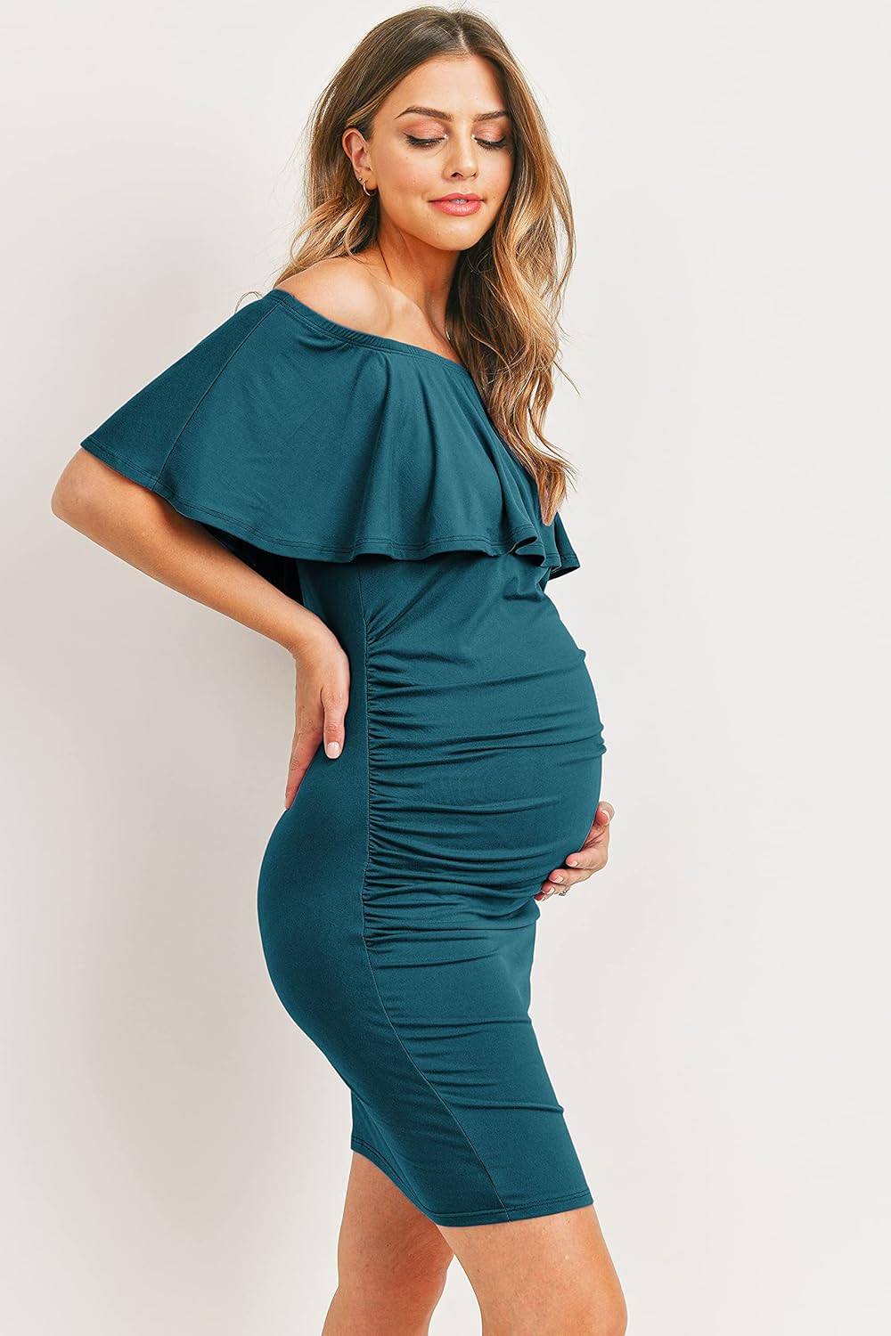 Hello MIZ Women's Floral Ruffle Off Shoulder Maternity Dress - Made in USA