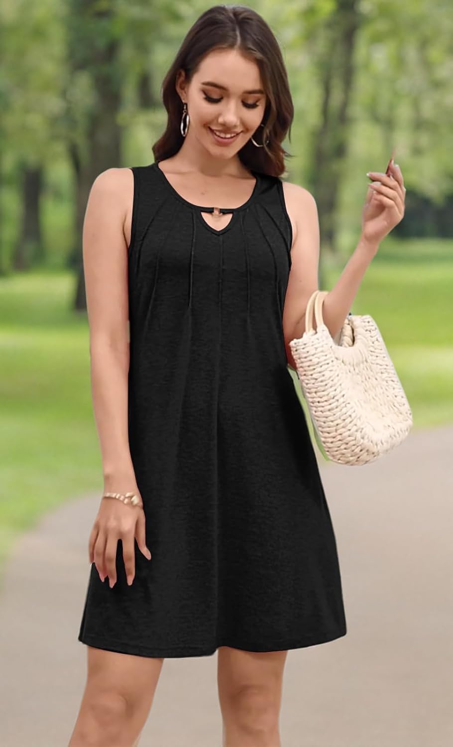 Pleated Front Summer Dresses for Women 2025 Casual Beach Floral Print Sundress Boho Tank Dress