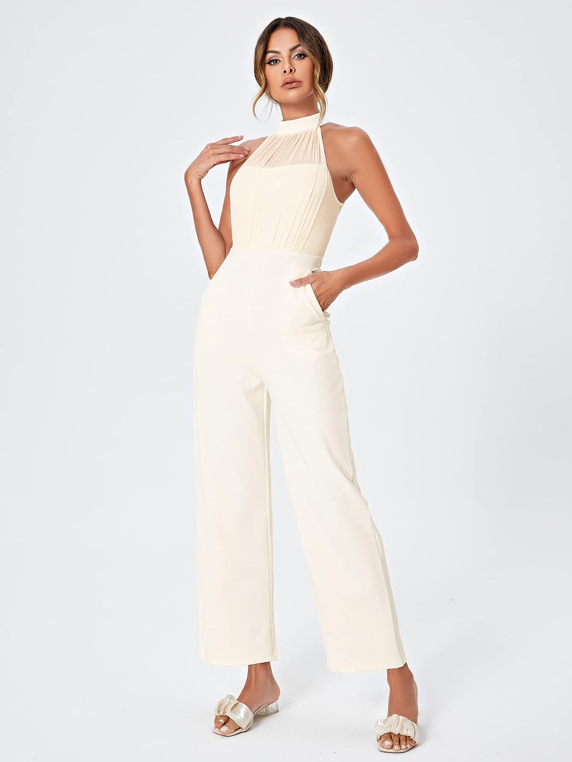 SweatyRocks Women's Elegant Sleeveless Halter High Waist Flare Leg Pants Romper Jumpsuit
