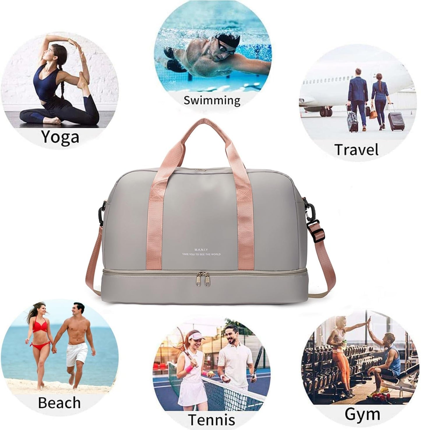 FOAN & MABLE Light Sports Travel Duffel Bag with Shoe Compartment, Large Capacity Gym Bag with Wet Pocket for lady (Grey)