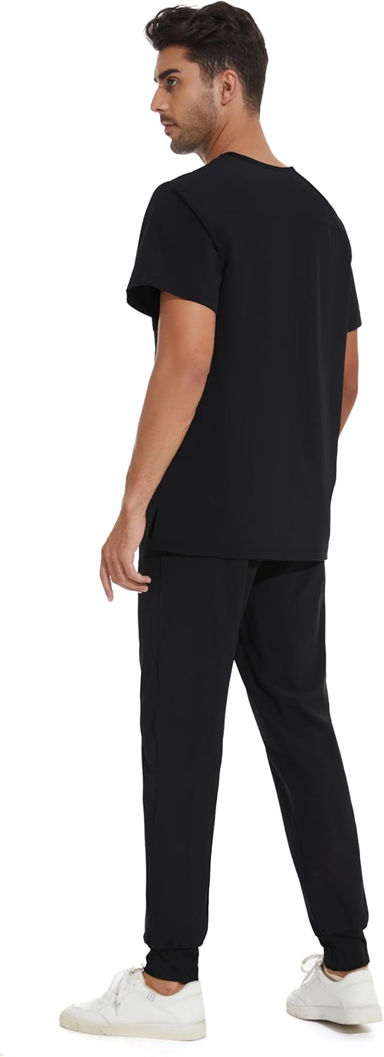 COZYFIT Men Scrubs Set — Stretch V-Neck Scrub Top & Jogger Pant with 8 Pockets, Yoga Waistband, Anti-Wrinkle Scrubs for Men