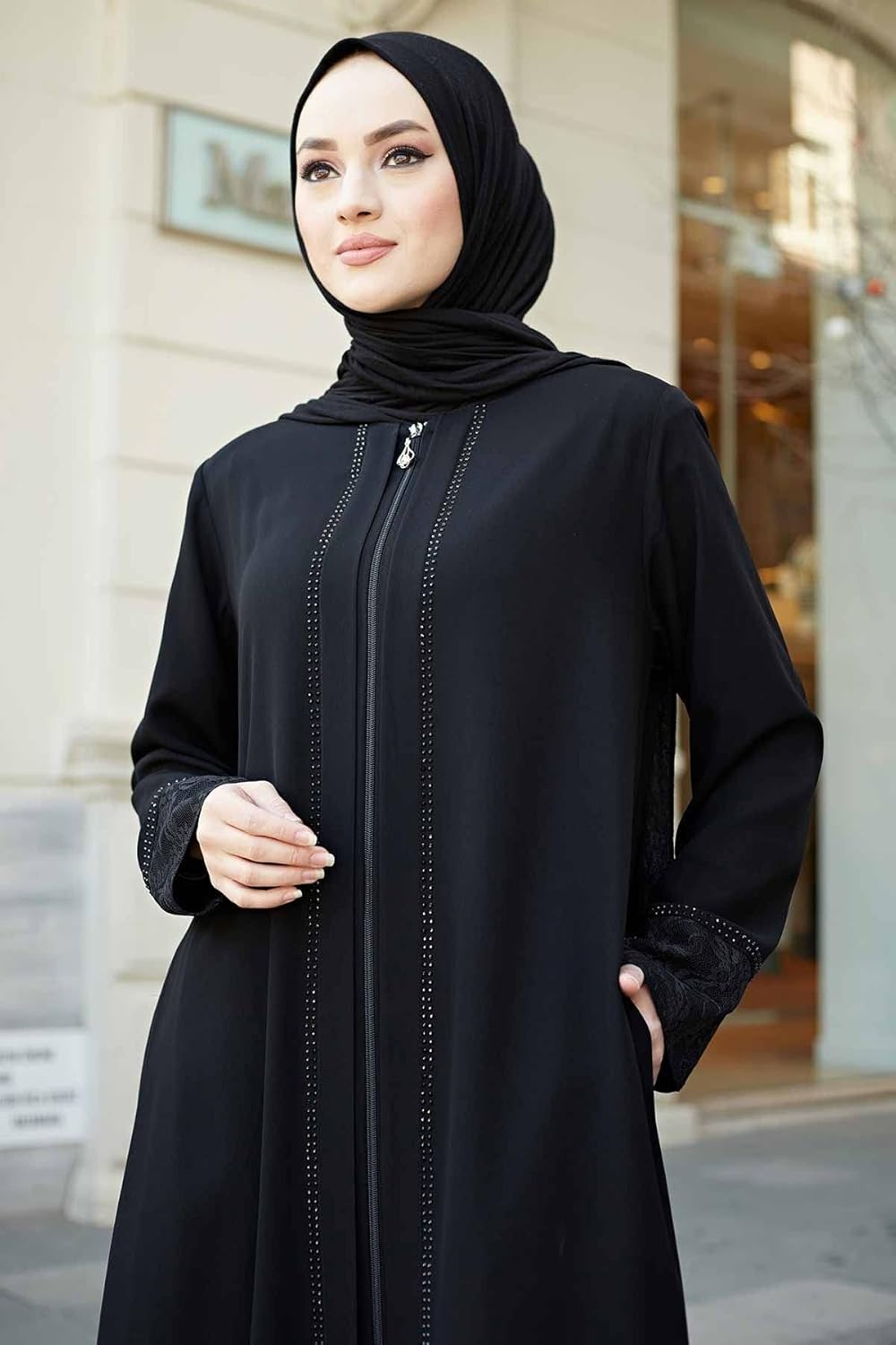 Women's Abaya Lace Applique Long Sleeve Floor Length Turkey Zipper Islamic Fashion