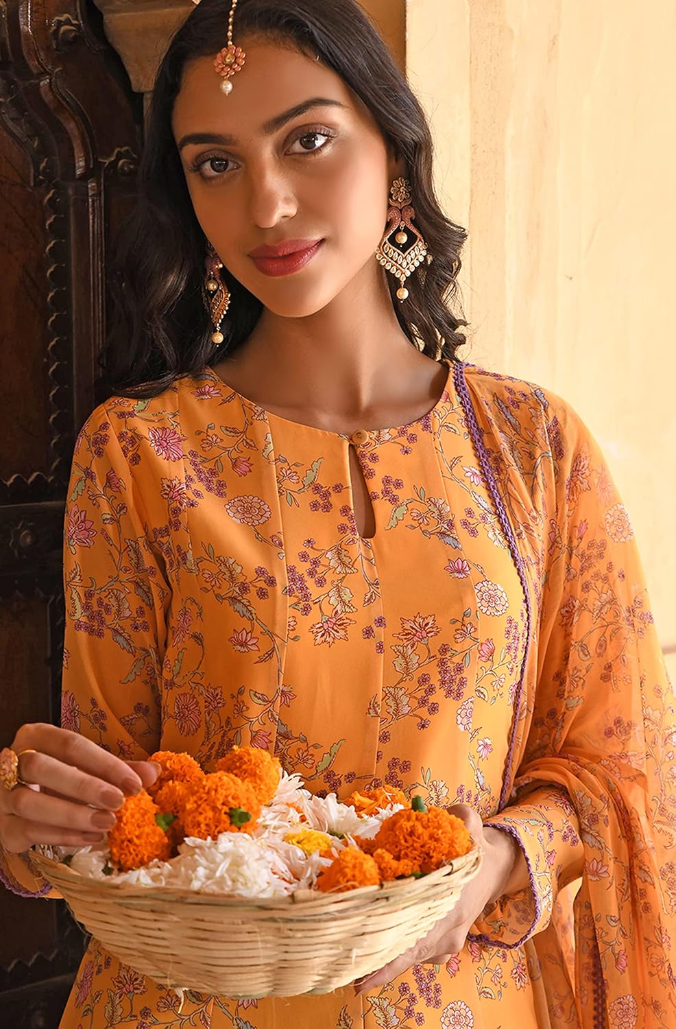 Janasya Indian Women's Yellow Flowy Printed Kurta Kurti Top Tunic Festive Evening wear Kurta Set with Dupatta for Women