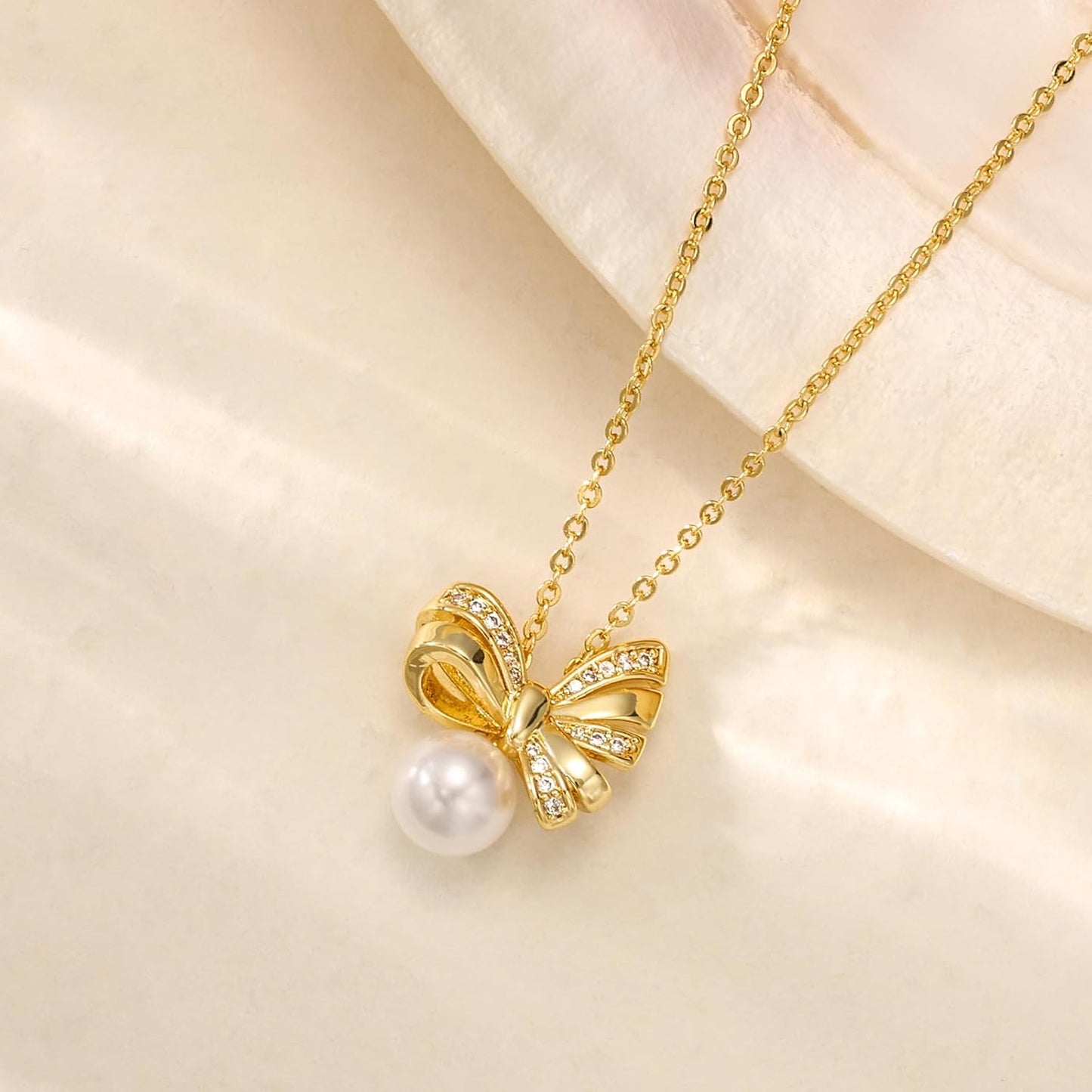Single Pearl Gold Necklaces for Women Trendy: 14k Gold Plated Thin Chain Sparkly CZ/Dainty Pearl Pendant Stacked Adjustable Necklace Simple Cute Non Tarnish Waterproof Wedding Gold Jewelry