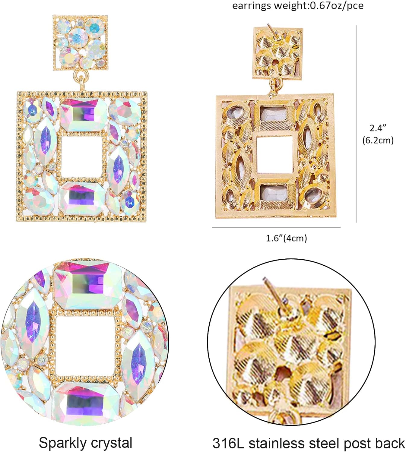 Rhinestone Square Statement Dangle Earrings Trendy Crystal Geometric Drop Earrings Hypoallergenic Jewelry for Women Party