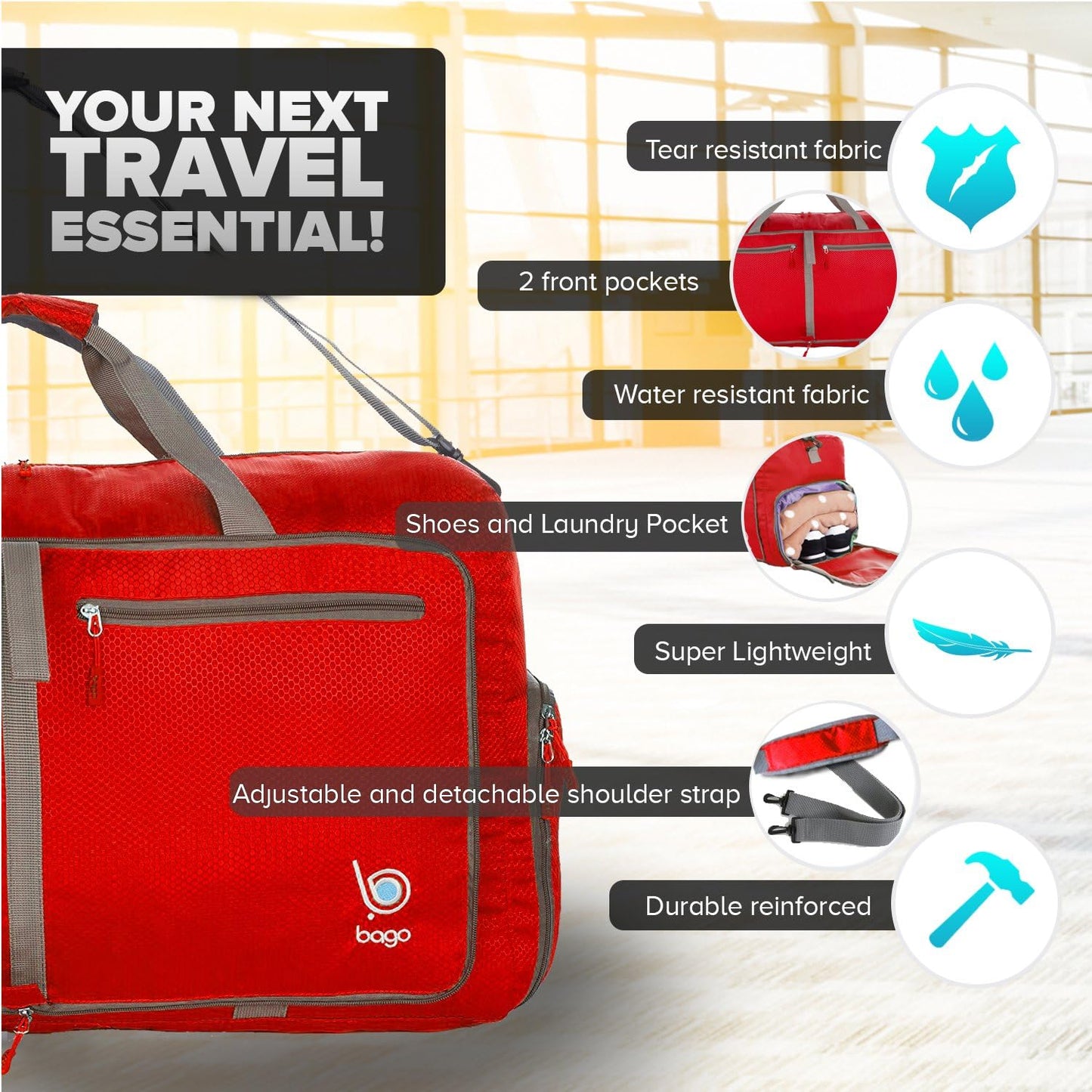 Bago Foldable Duffel Bags for Traveling Women & Men - 40L Sports Packable Duffle Bag for Travel with Shoe Compartment - Water Repellant, Heavy Duty, Lightweight Folding & Collapsible (Red)