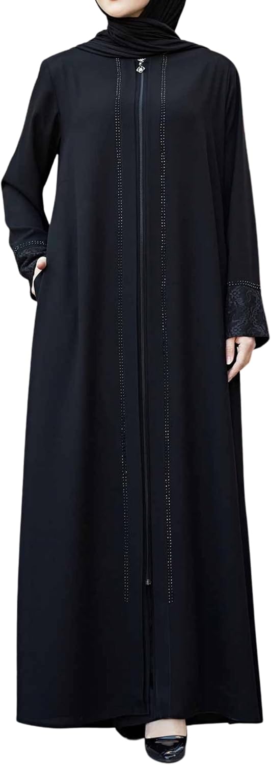 Women's Abaya Lace Applique Long Sleeve Floor Length Turkey Zipper Islamic Fashion