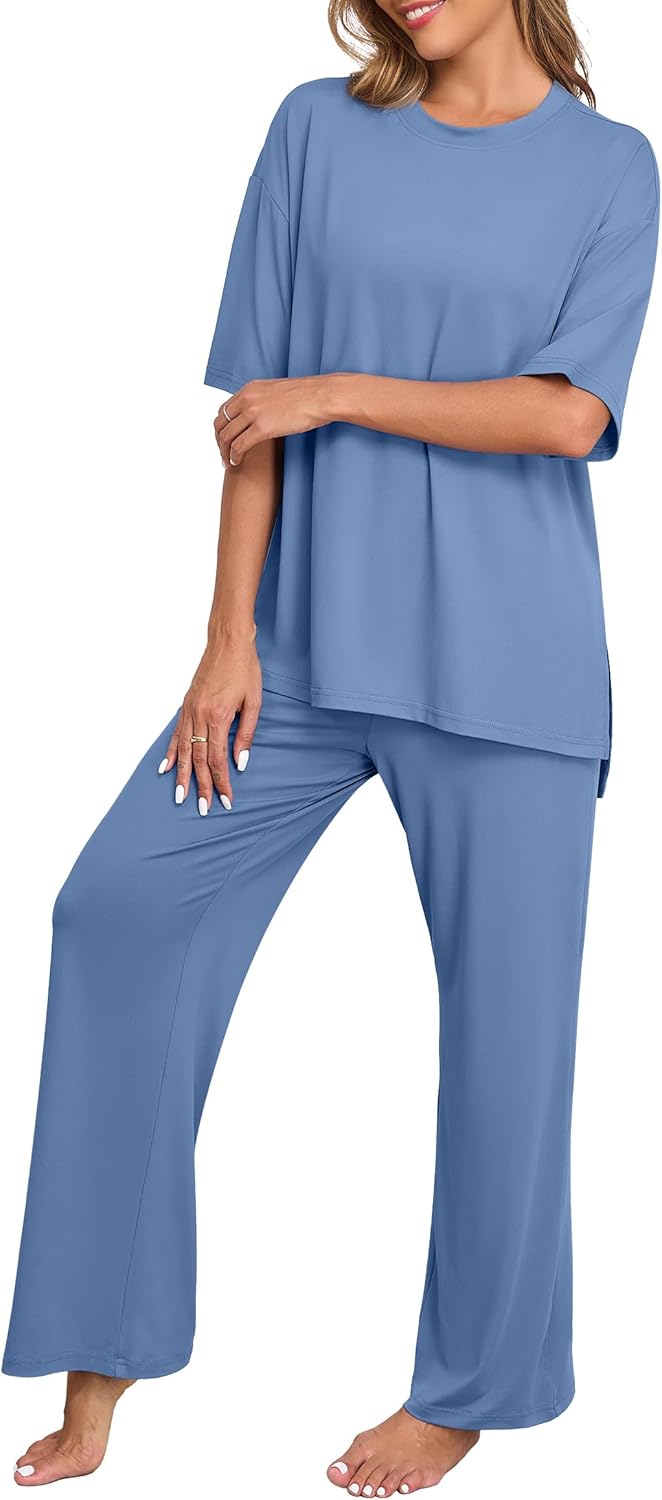 PrinStory Womens Pajamas Sets 2 Piece Lounge Set Short Sleeve Tops and Long Pants Soft Pjs Loungewear with Pockets