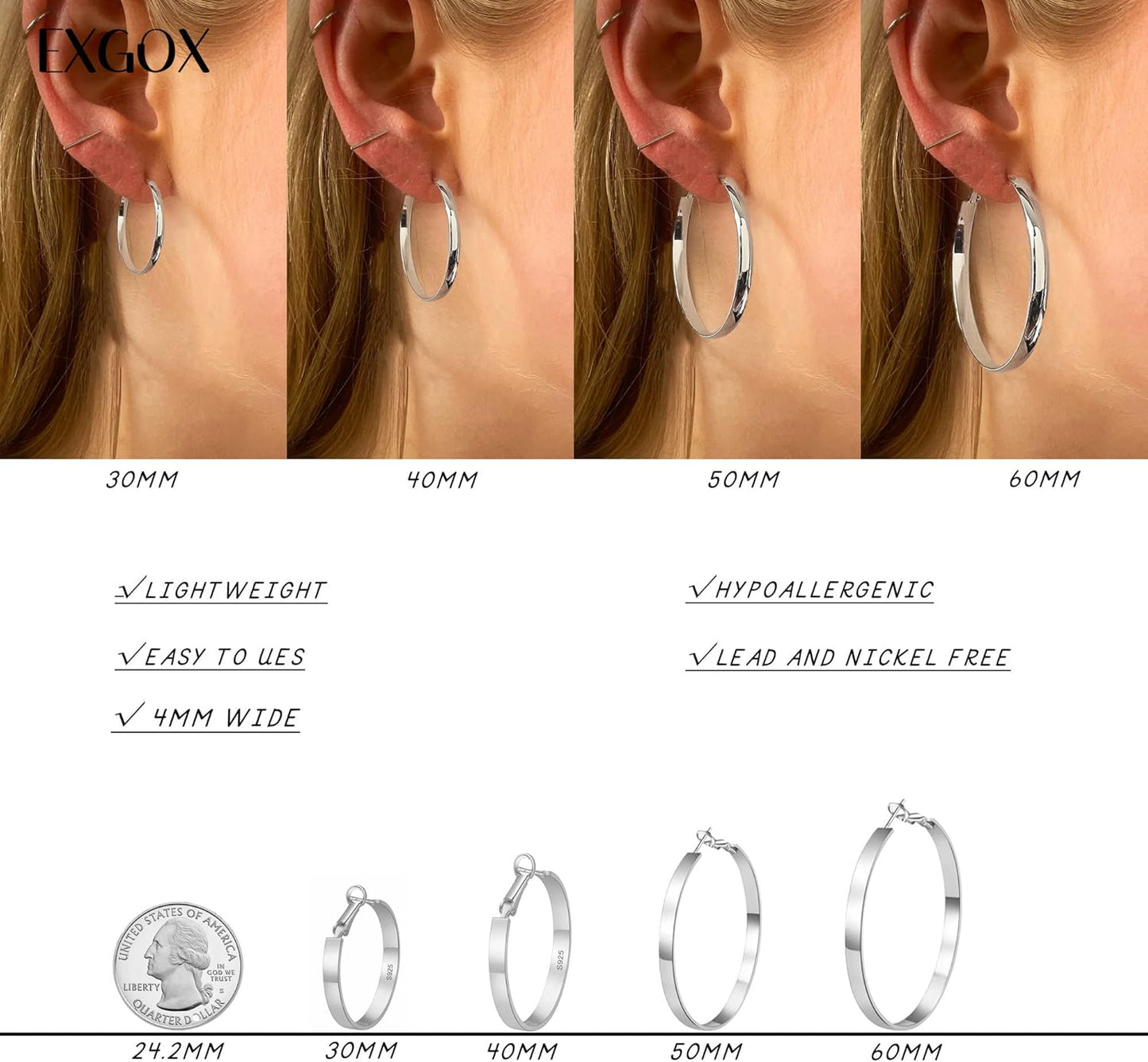 EXGOX Silver Hoop Earrings for Women - Sterling Silver & 14K Gold Plated - Hypoallergenic 925 Silver - Big Hoop Earrings (30/40/50/60/70mm)