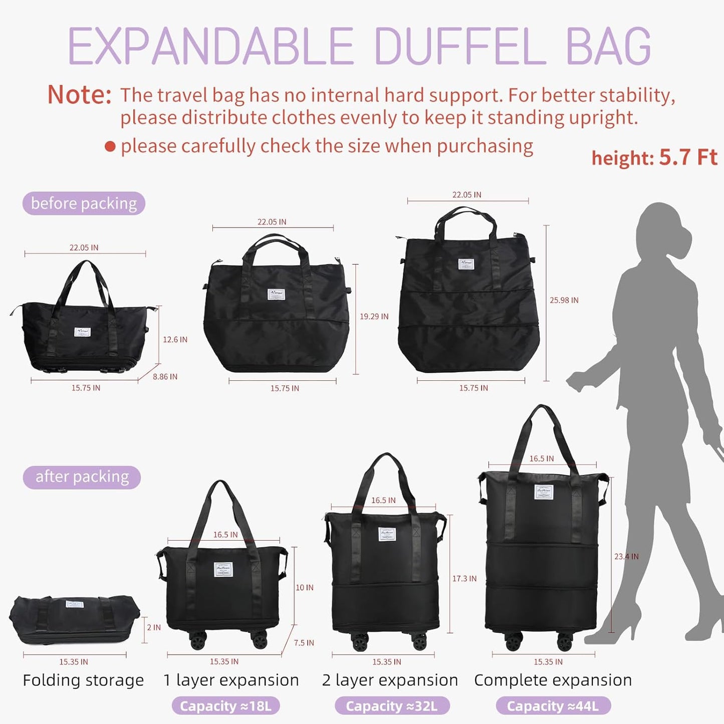 VOOWO Rolling Duffle Bag with Wheels, Expandable Foldable Duffle Bag for Travel, Rolling Under Seat Luggage Carry on Duffel Bags, Wheeled Travel Duffel Weekend Bags, Capacity 18L to 44L (Black)