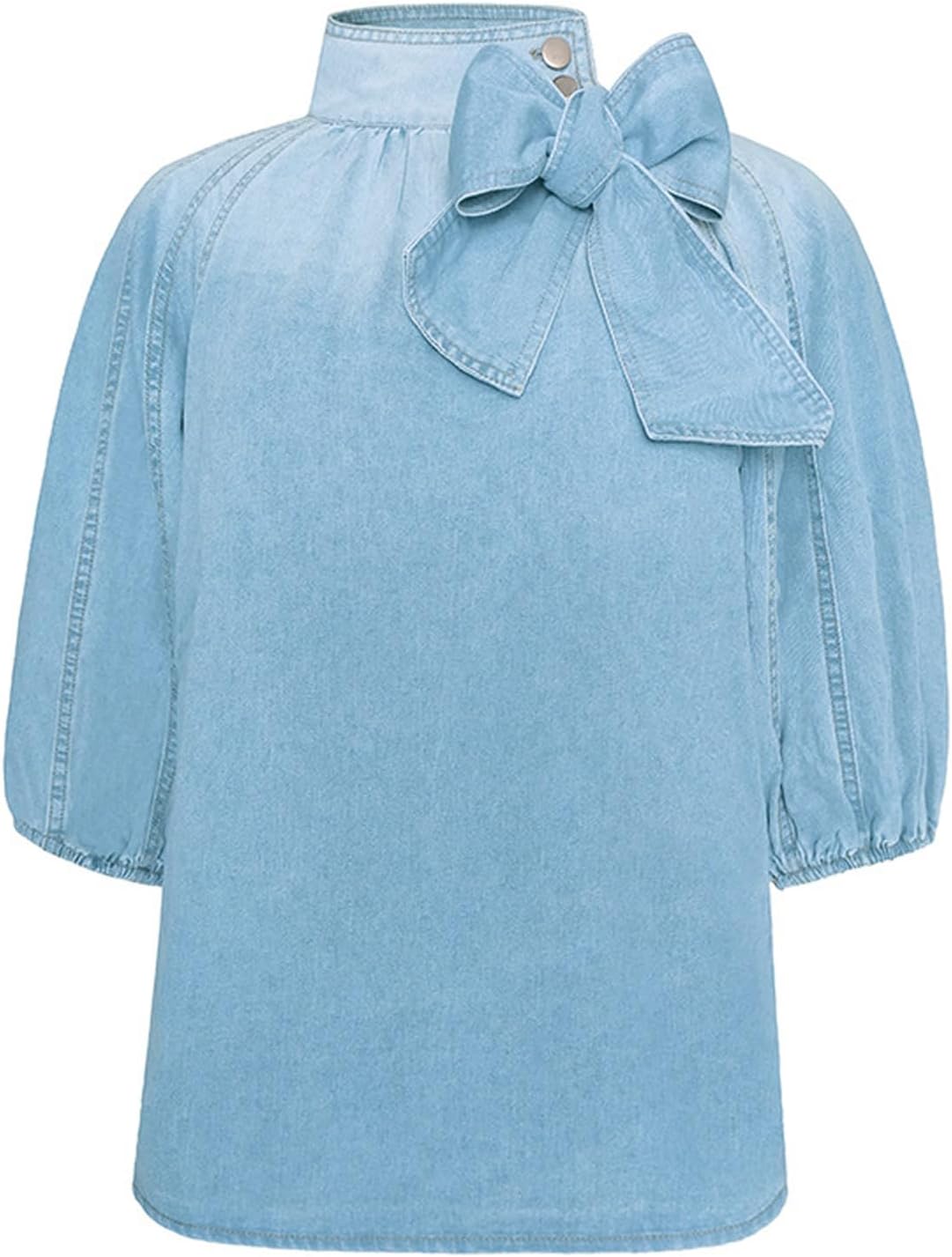 Women's Bow Design Denim Pullover Top Button Up High Neck Fashionable Jacket with Elastic and Puff Sleeves