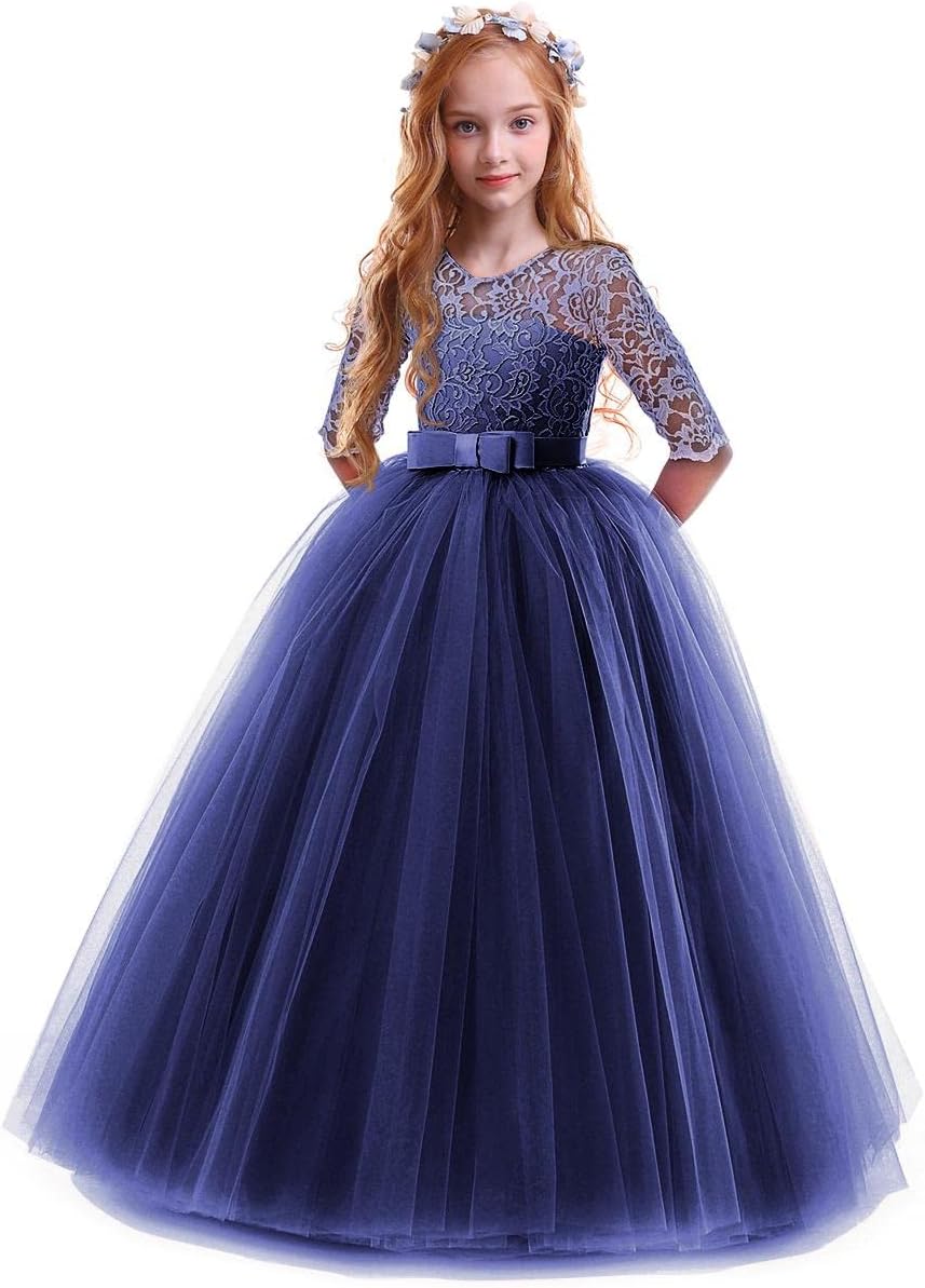 Girls Flower Vintage Floral Lace 3/4 Sleeves Floor Length Dress Wedding Party Evening Formal Pegeant Dance Gown