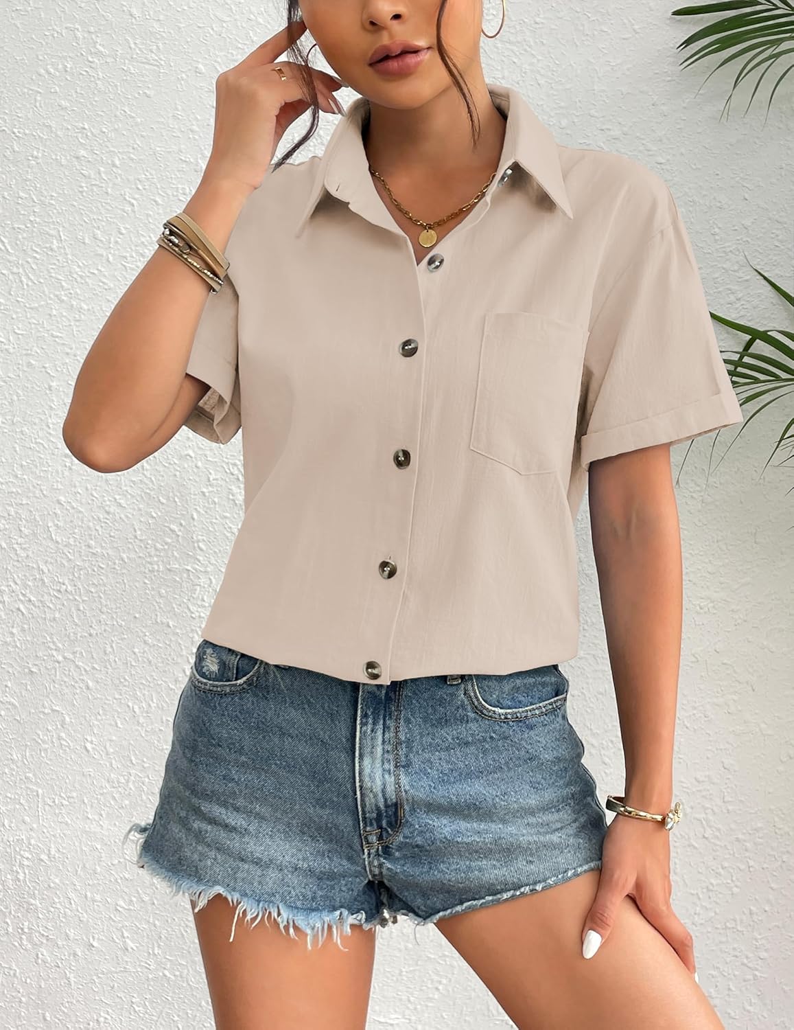 Zeagoo Womens Button Down Linen Shirt Short Sleeve Cotton Blouse Summer Casual Loose Fit Beach Tops S-2XL
