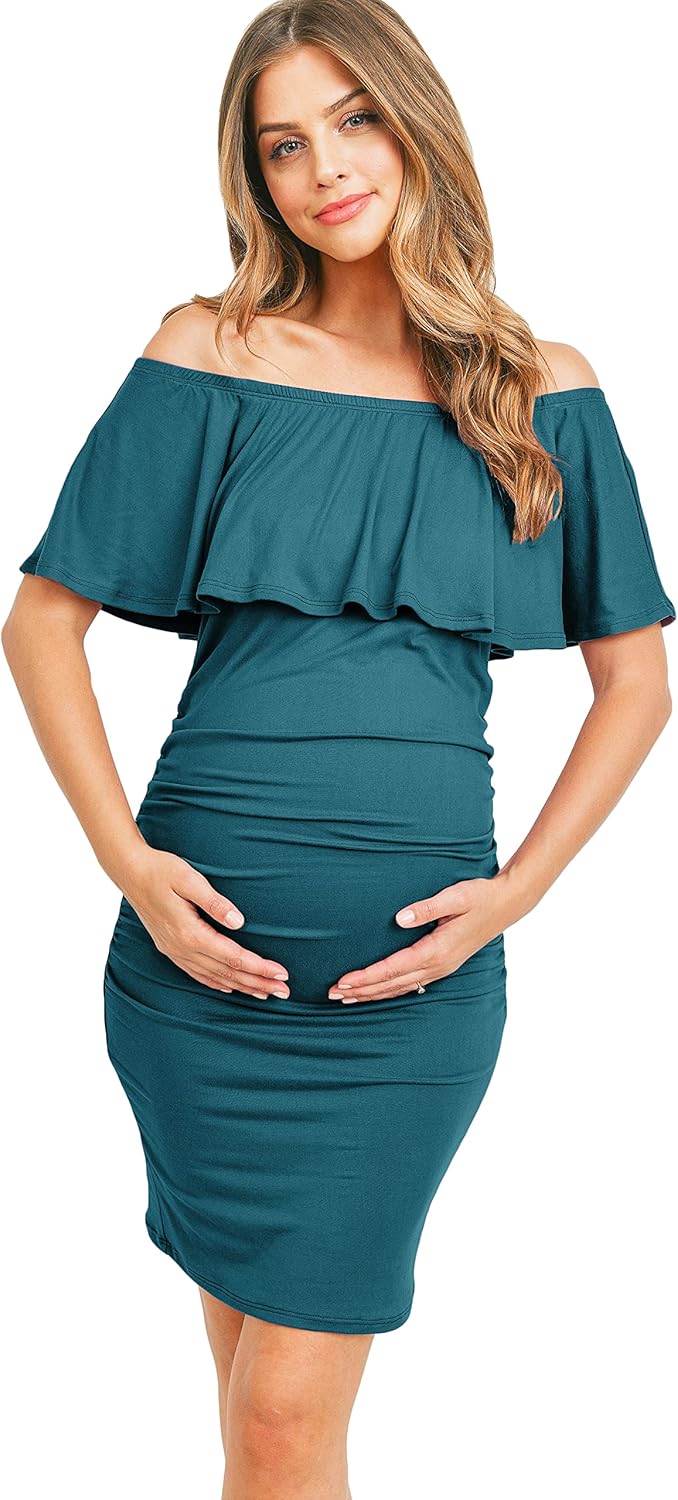 Hello MIZ Women's Floral Ruffle Off Shoulder Maternity Dress - Made in USA
