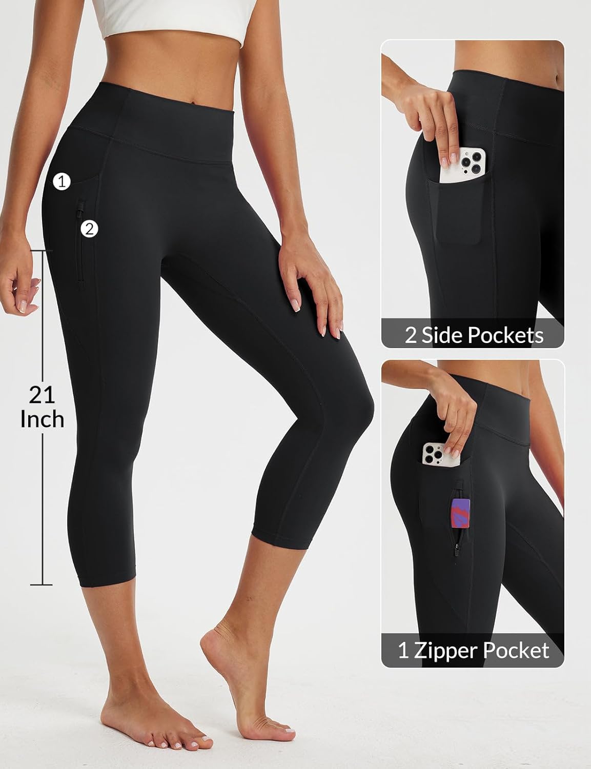 baleaf Women's Capri Leggings with 3 Pockets Tummy Control 21" Inseam Workout Capris Yoga Pants