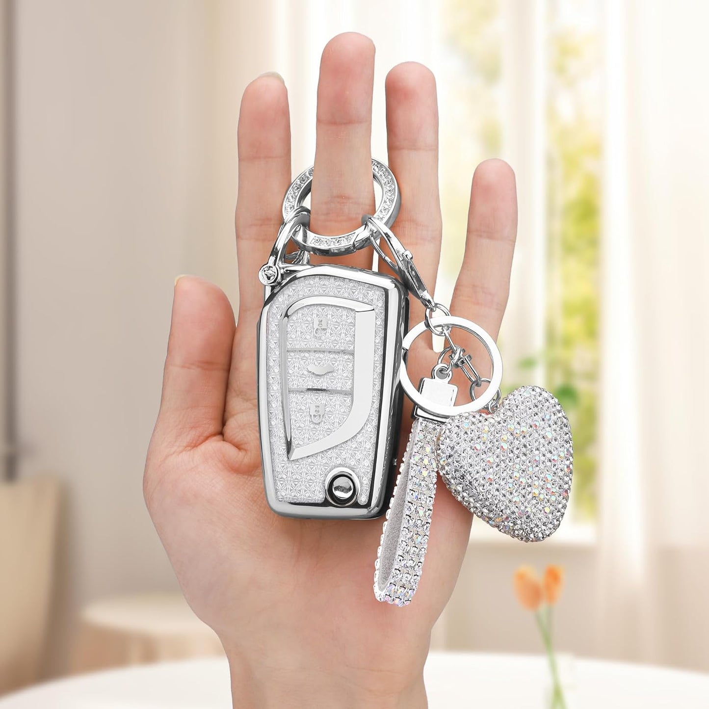 for Toyota 3 Buttons Key fob Cover with Diamond Heart Keychain, Car Accessories TPU for Fortuner Tundra Camry RAV4 Highlander Corolla Smart Key, Silver Clear