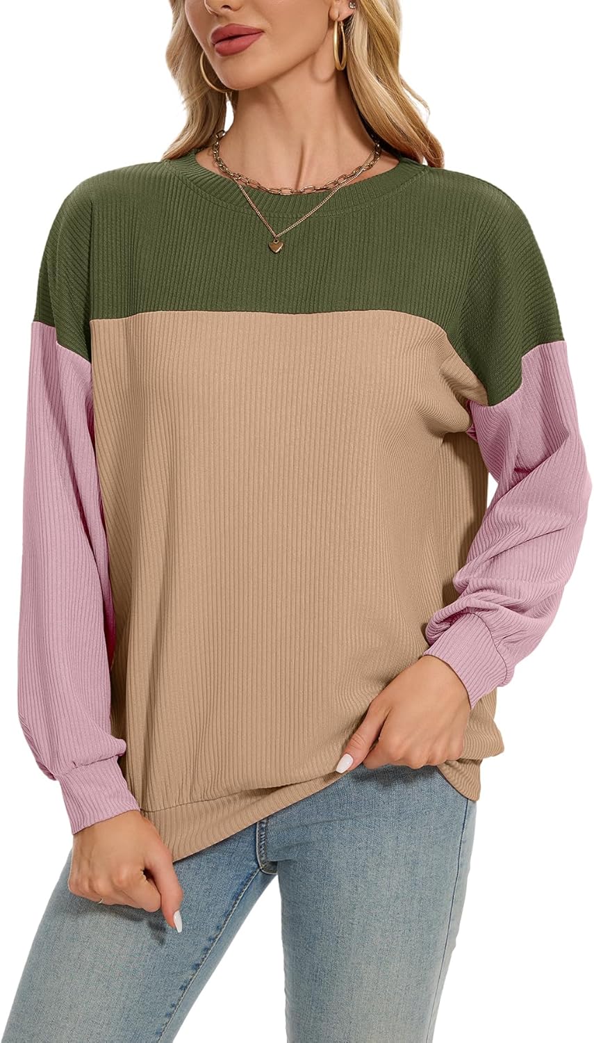 Long Sleeve Shirts for Women Color Block Tops Fall Fashion Ribbed Knit Tops Casual Loose Crewneck Pullover Shirts