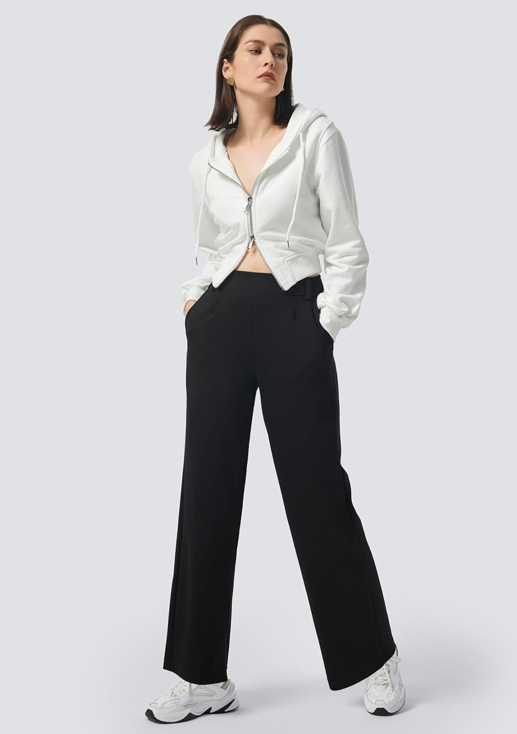 AFITNE Womens Wide Leg Work Pants High Waist Pull On Dress Pants Elastic Waistband Casual Slacks with Thick Fabric