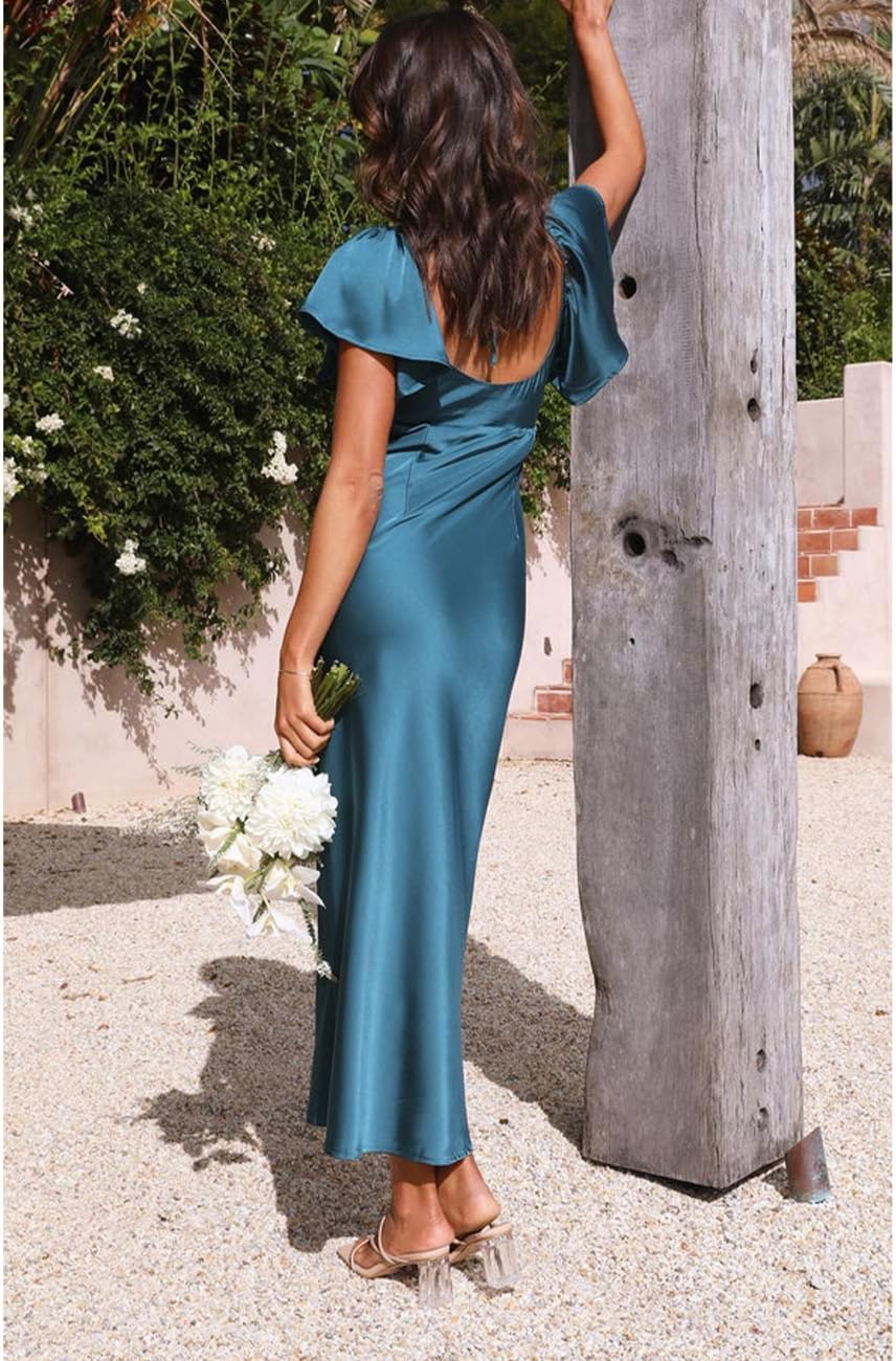 Summer Satin Flutter Sleeve Wedding Guest Dresses for Women Sweetheart Neckline Cutout Tie Back Midi Cocktail Dress