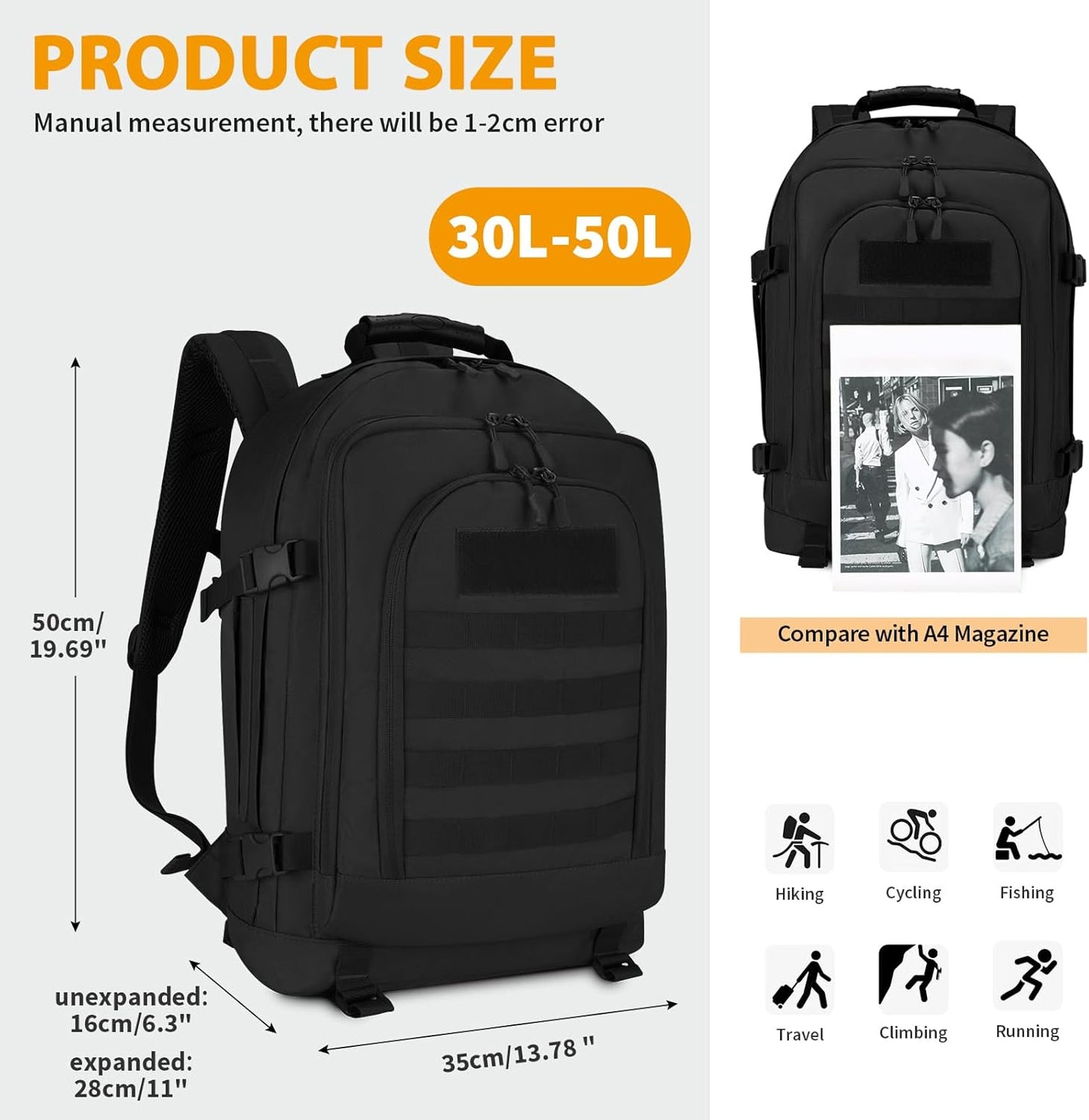 HUNTVP 45L Tactical Backpack Military Backpack Expandable MOLLE Rucksack Hunting Gear Bag Assault Pack Army Backpack(Black)