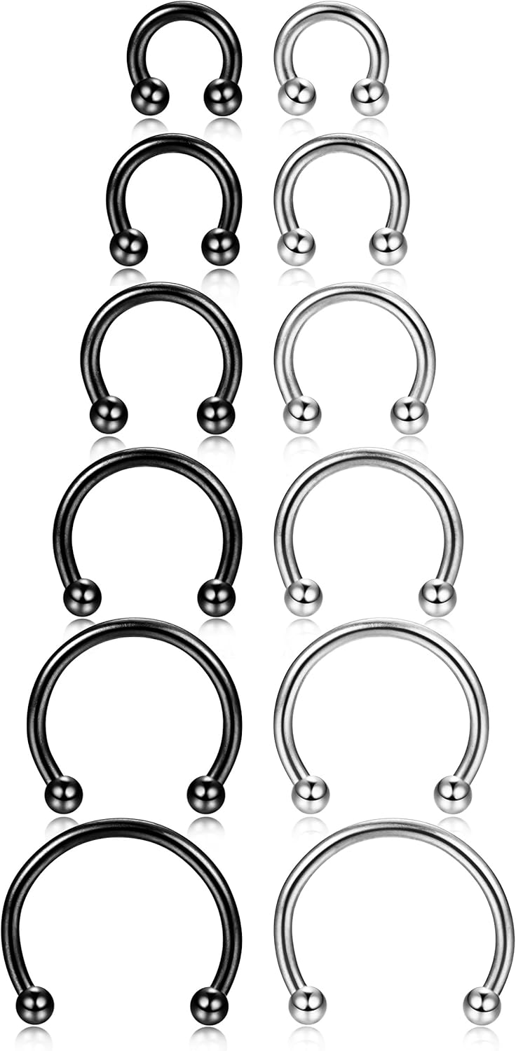 ORAZIO 12Pcs 14-16G Stainless Steel Nose Rings Septum Piercing Cartilage Horseshoe Earring Body Piercing 6MM-16MM