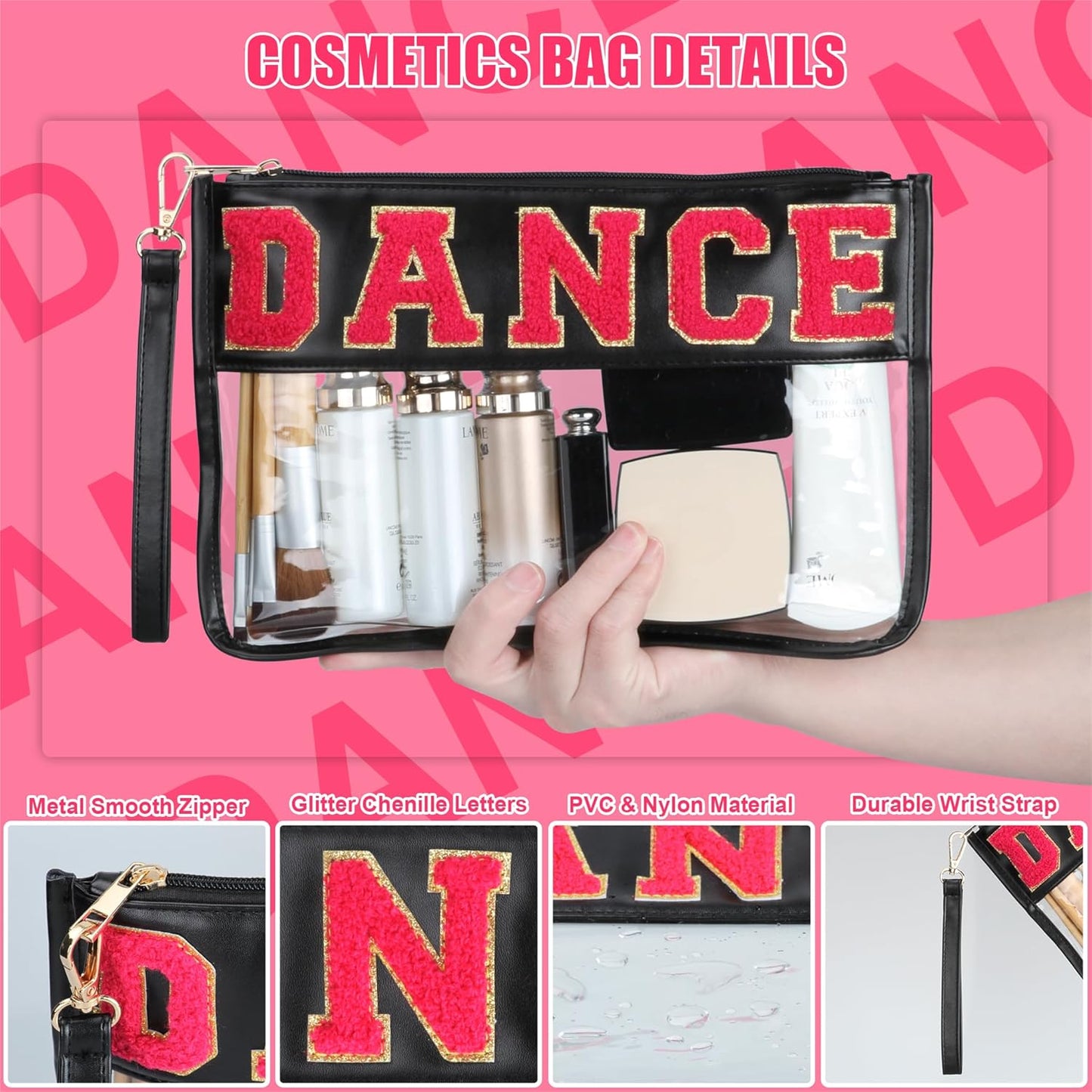 Dance Recital Gifts, Clear Makeup Letter Bag, Chenille Letter Patch Cosmetic Bag, Dance Competition Gift, Toiletry Pouches with Zipper, Waterproof Travel Purse for Girl Women Appreciation