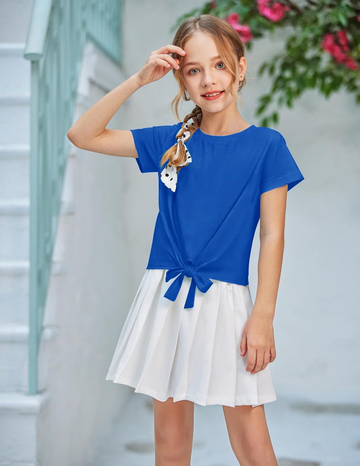 Arshiner Girls Short Sleeve Shirts Tie Knot Front Tops T Shirts for Kids Crewneck Cute Casual Tie Dye Tee Blouse