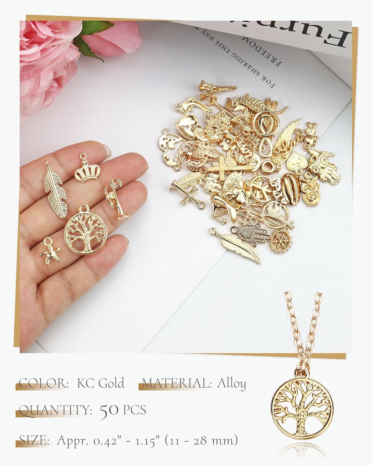 JIALEEY Wholesale Bulk 50PCS Mixed Gold Charms Pendants DIY for Necklace Bracelet Jewelry Making and Crafting