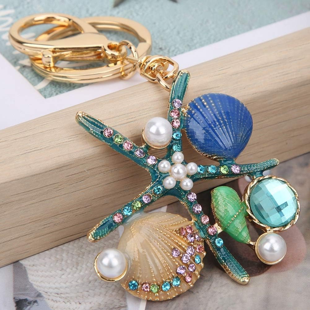 HEEPDD Crystal Rhinestone Keychain, Cute Starfish Scallop Shape Key Chain Sparkling Key Ring Charm Purse Pendant Handbag Bag Decoration Holiday Gift